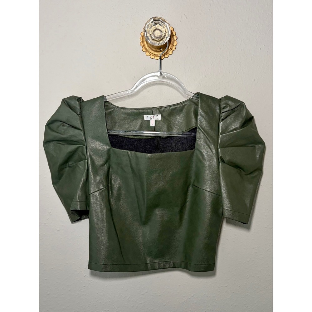 TCEC Faux Leather Top Small Olive Green Puff Sleeve Square Neck Statement Blouse